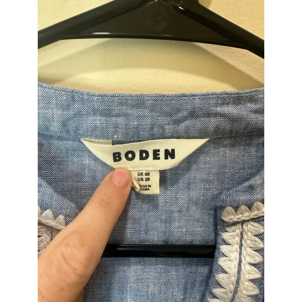 Boden Sz 2 Cleo Linen Dress Blue Chambray Embroidery - Nice, No Belt - Picture 3 of 6